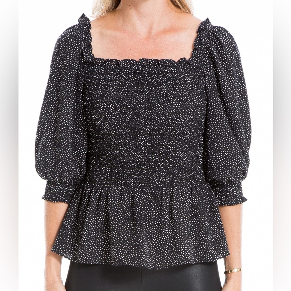 Max Studio Black Polka Dot Smocked Peplum Blouse Size M Puff Sleeve Top